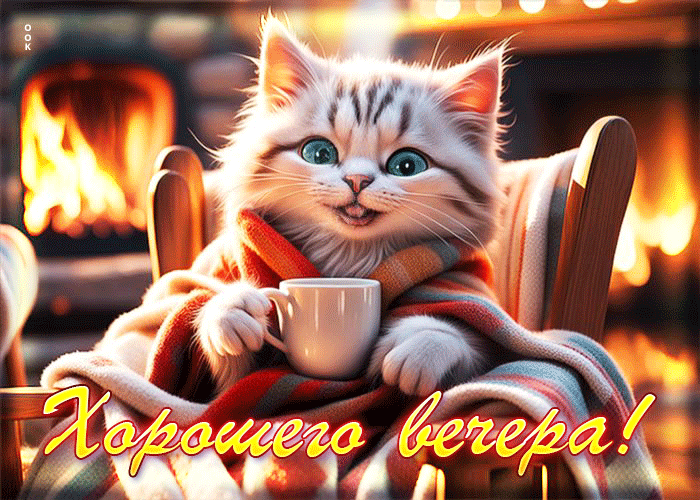 Забавная гифка котик пьёт чай и желает хорошего вечера. Забавная гифка котик пьёт чай и желает хорошего вечера.