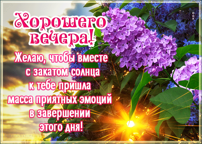 Красивая гифка с весенними пожеланиями хорошего вечера и веткой сирени. Красивая гифка с весенними пожеланиями хорошего вечера и веткой сирени.
