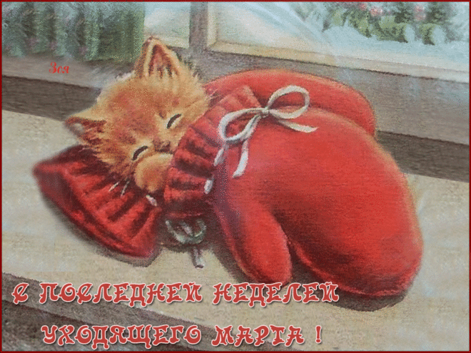 Нежная гифка со спящим котёнком и надписью "С последней неделей уходящего Марта!".