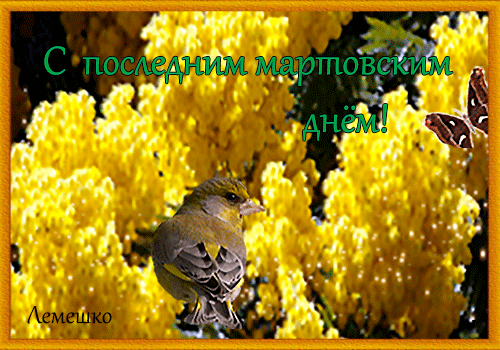 Красивая картинка с птичкой и надписью "С последним Мартовским днём!".