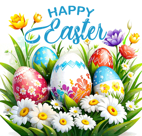 Красивая гифка с яйцами и надписью "Happy Easter" на католическую Пасху 31 Марта 2024.