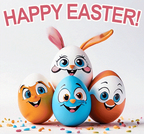 Смешная гифка с разукрашенными яйцами на католическую Пасху "Happy Easter!".
