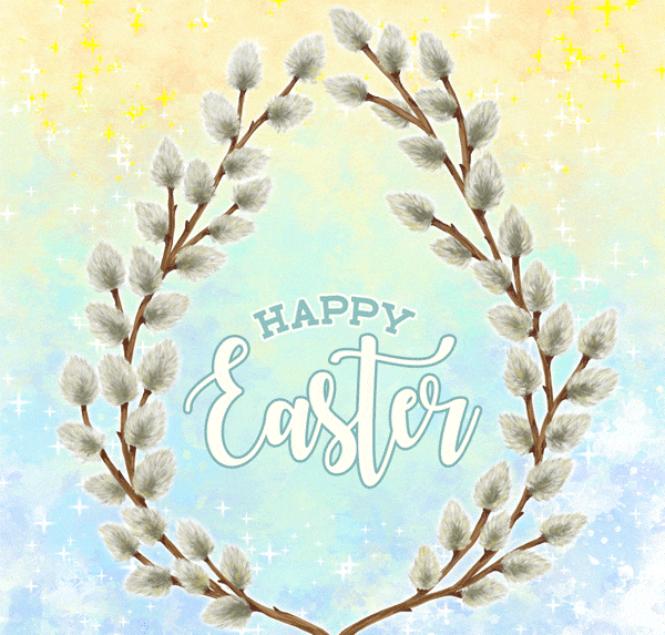 Красивая гифка Happy Easter с веточками вербы.