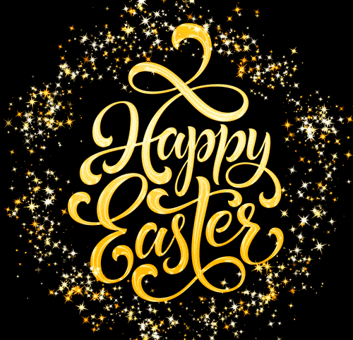 Мерцающая gif картинка с золотой надписью "Happy Easter" на чёрном фоне.