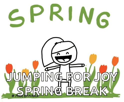 Забавная gif картинка с надписью "Spring break" девочка прыгает в тюльпанах.