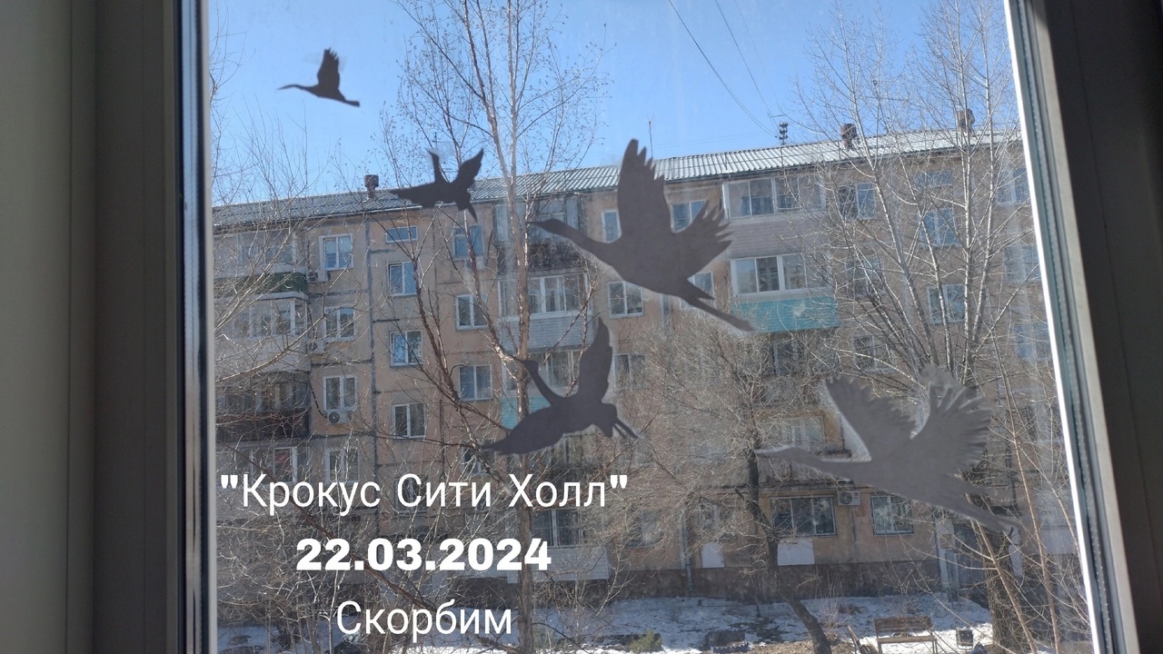 Люди клеят фигурки белых журавлей на окнах квартир в память о невинно убиенных.