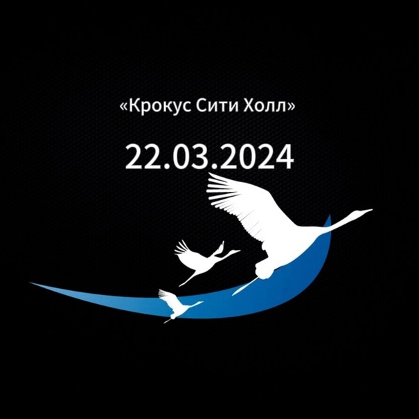 Картинка акции, которую запустила социальная сеть Вконтакте "Крокус Сити Холл 22.03.2024" с белыми журавлями на чёрном фоне.