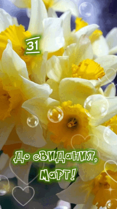 Гифка с ирисами и мыльными пузырями "31 Марта, до свидания, Март!".
