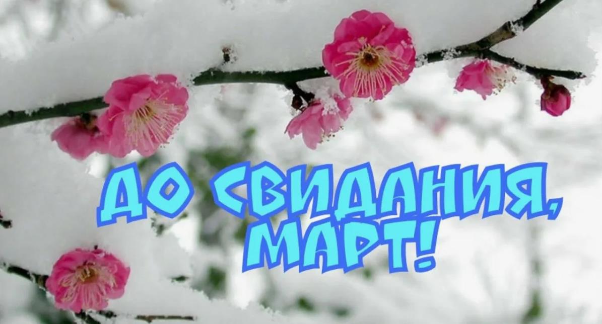 Зимняя открытка с цветами и надписью "До свидания Март!".