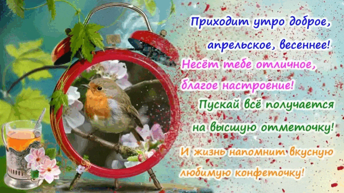 Гифка приходит утро доброе, апрельское, весеннее! Несёт тебе отличное, благое настроение! Пускай всё получается на высшую отметочку! И жизнь напомнит вкусную, любимую конфеточку. Гифка приходит утро доброе, апрельское, весеннее! Несёт тебе отличное, благое настроение! Пускай всё получается на высшую отметочку! И жизнь напомнит вкусную, любимую конфеточку.