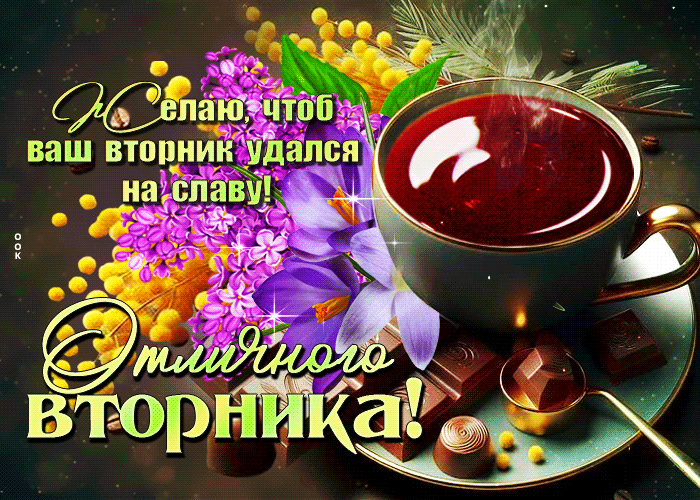 Красивая гифка отличного вторника с кофе и весенними цветами.