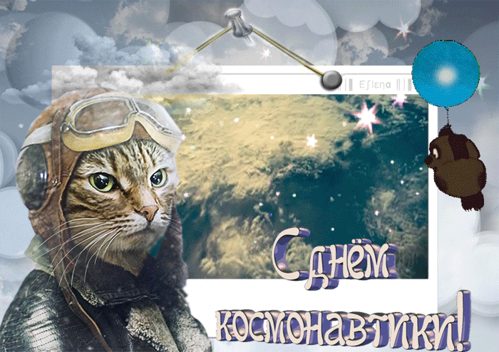 Смешная гифка с котом - космонавтов и винни пухом на день космонавтики для самых маленьких.