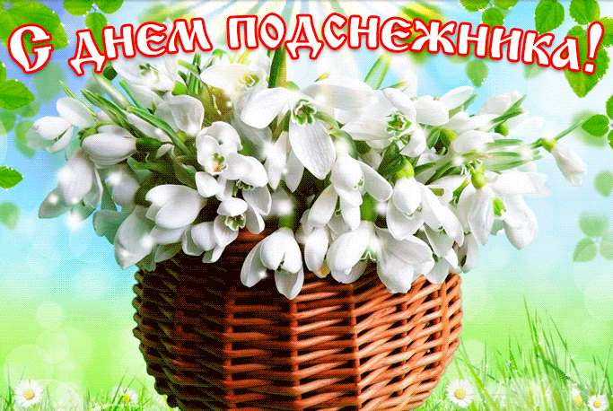 Блестящая солнечная гифка с корзиной цветов на день подснежника 19 апреля.
