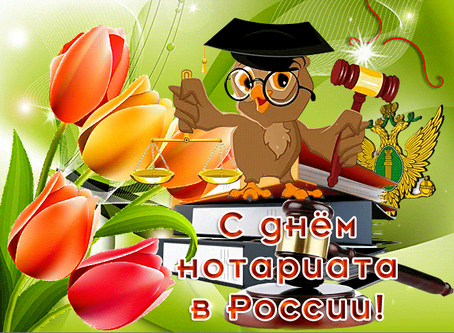 Весенняя гиф открытка с тюльпанами и совой на день Нотариата.