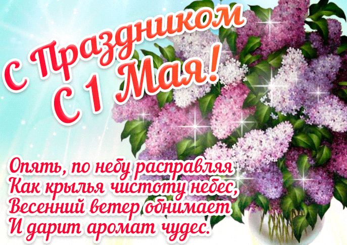 Весенняя гиф открытка на праздник 1 Мая с сиренью и стихом. Весенняя гиф открытка на праздник 1 Мая с сиренью и стихом.