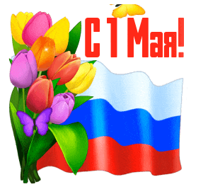 Gif стикер с тюльпанами и флагом РФ на 1 мая. Gif стикер с тюльпанами и флагом РФ на 1 мая.