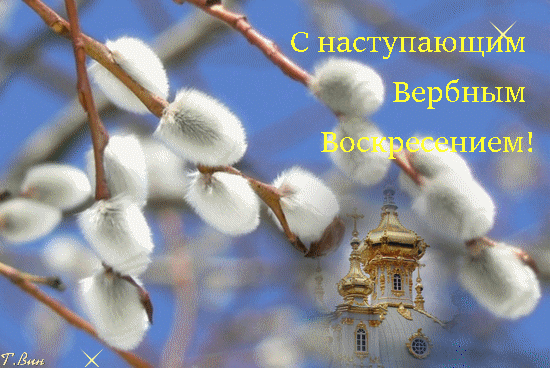 Блестящая гиф открытка к наступающему вербному воскресенью.