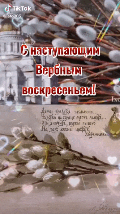 Гиф из тик ток видео с надписью "С наступающим Вербным Воскресеньем!".