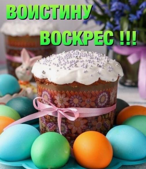 Открытка с куличом, чтобы ответить на поздравление с Пасхой "Воистину Воскрес!".