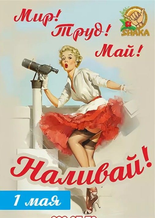 Весёлая картинка "Мир! Труд! Май! Наливай!".