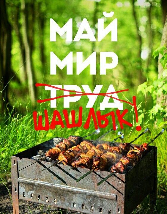 Демотиватор Май, Мир, труд зачёркнут, Шашлык.