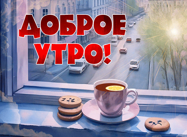 Солнечная блестящая gif картинка "Доброе утро!" с городским пейзажем.