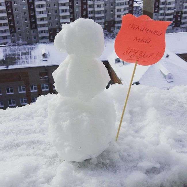 Снеговик с плакатом "Отличный май, друзья!". Снеговик с плакатом "Отличный май, друзья!".