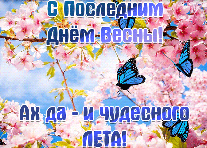 Красивая мерцающая gif картинка с цветами и надписью "С последним днём Весны! Ах, да - чудесного Лета!".