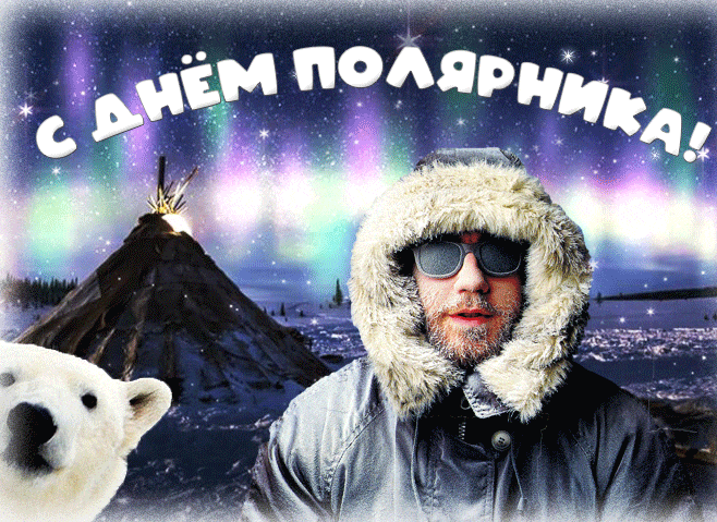 Красивая мерцающая gif картинка с северным сиянием и мишкой на день Полярника.