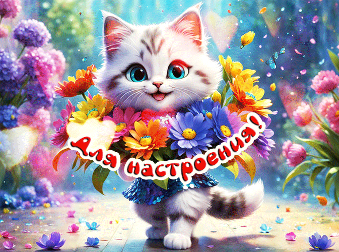 Красивая gif картинка с котиком с цветами и надписью "Для настроения!".