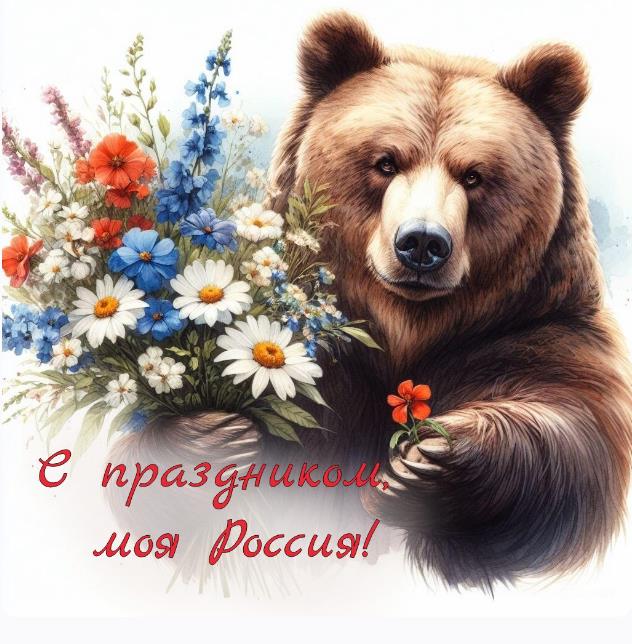 Символ страны - Медведь, с букетом цветов поздравляет всех граждан "С днём России!". Символ страны - Медведь, с букетом цветов поздравляет всех граждан "С днём России!".