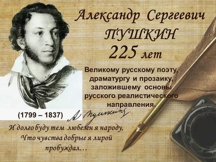 Открытка к юбилею поэта Пушкина в 2024 году 6 Июня 225 лет со дня его рождения.