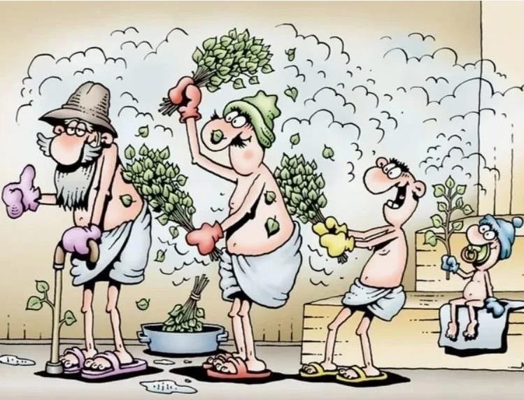 Смешная карикатура вся семья в бане.