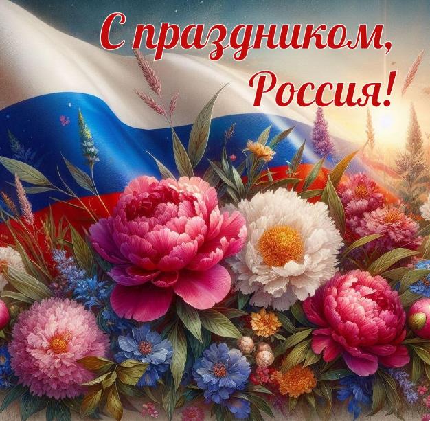 Новая цветочная открытка с текстом "С праздником, Россия!". Новая цветочная открытка с текстом "С праздником, Россия!".
