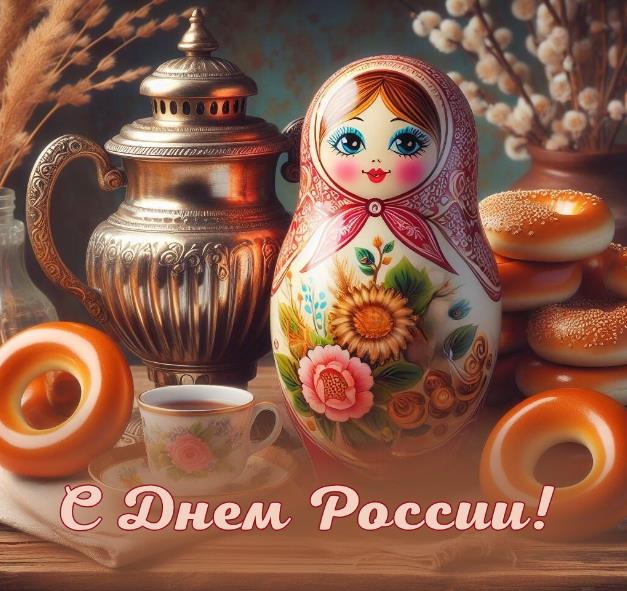 Патриотическая картинка с баранками, самоваром и матрёшкой ко дню России. Патриотическая картинка с баранками, самоваром и матрёшкой ко дню России.