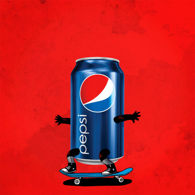 Прикольная гиф открытка с танцующей банкой Pepsi на скейтборде на красном фоне.