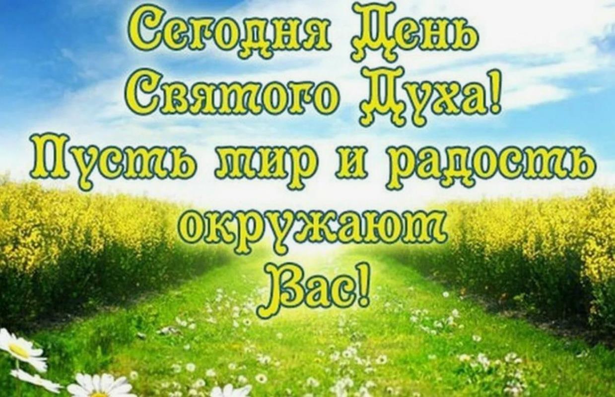 Летняя открытка с надписью "Сегодня день Святого Духа! Пусть мир и радость окружают вас!".