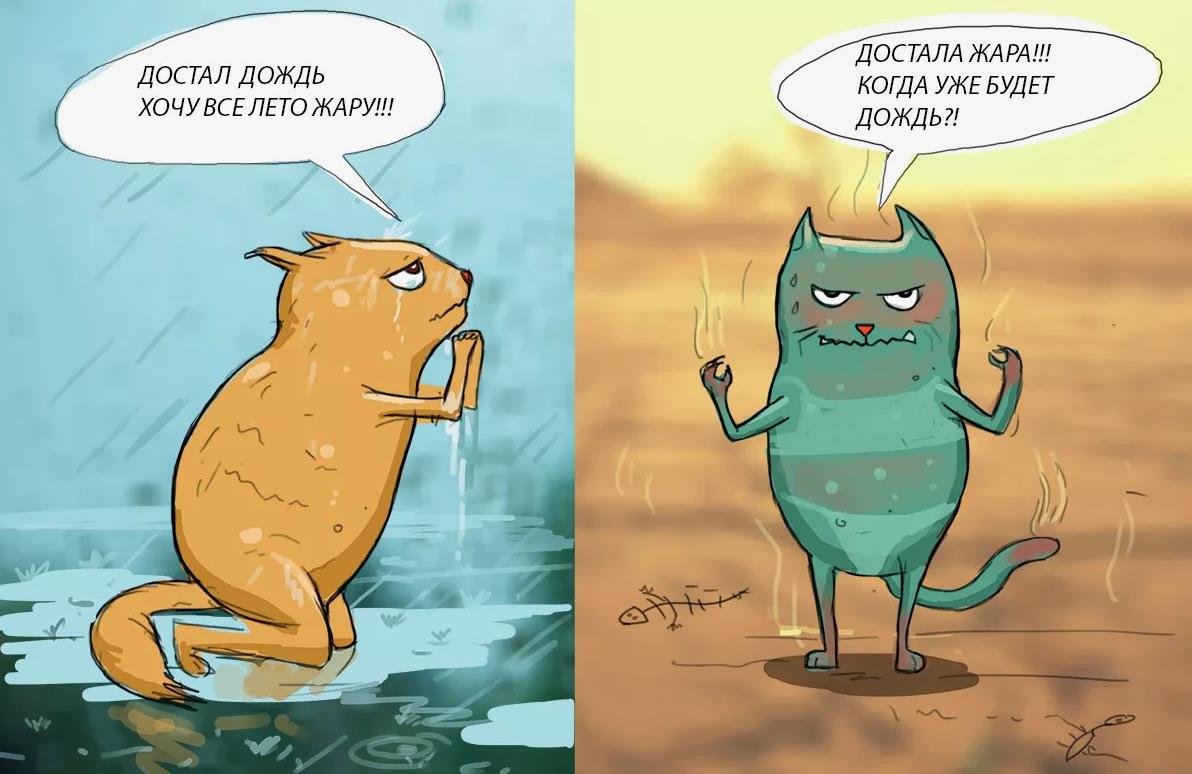 Прикольные комиксы с котами "Достал дождь, хочу жару! Достала жара, когда уже будет дождь?". Прикольные комиксы с котами "Достал дождь, хочу жару! Достала жара, когда уже будет дождь?".