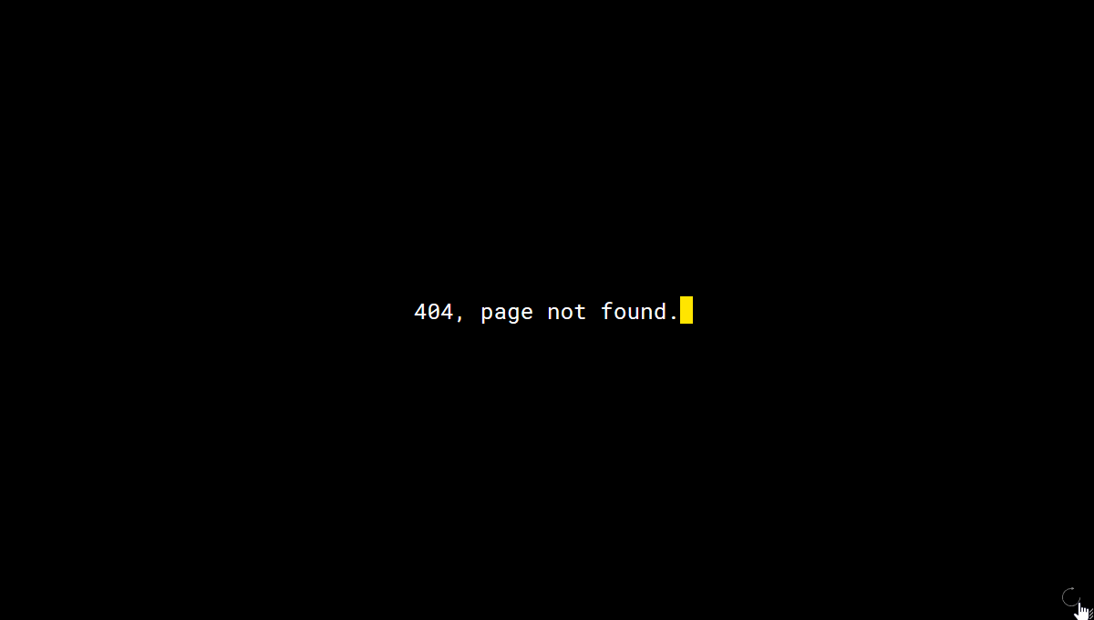 Гифка с набором текста на английском языке на чёрном фоне "404, page not found" страница не найдена.