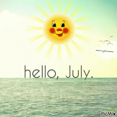 Солнечная морская анимация с надписью "Hello July". Солнечная морская анимация с надписью "Hello July".