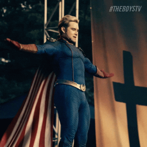Живая gif картинка Homelander летит по рукам толпы в супергеройском наряде. Живая gif картинка Homelander летит по рукам толпы в супергеройском наряде.