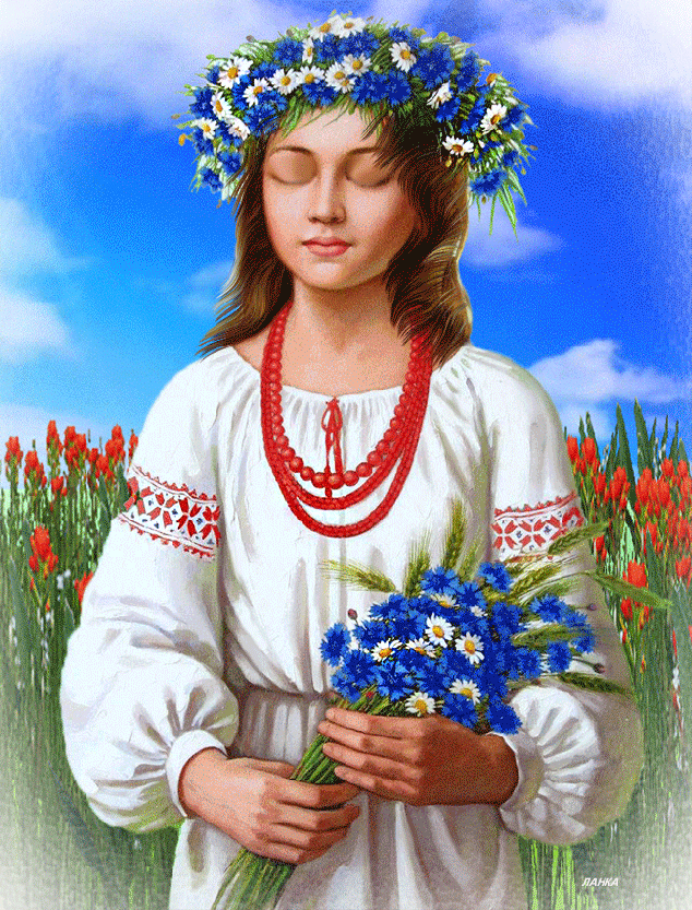 Живая gif картинка с девушкой в цветочном поле, к празднику Берегини.