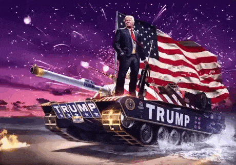 Гифка Трамп после покушения на его ухо, въезжает в Белый Дом на танке под залпы салютов.