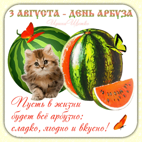 Креативная гифка с надписью "3 августа - день арбуза!" и пожеланиями. Креативная гифка с надписью "3 августа - день арбуза!" и пожеланиями.