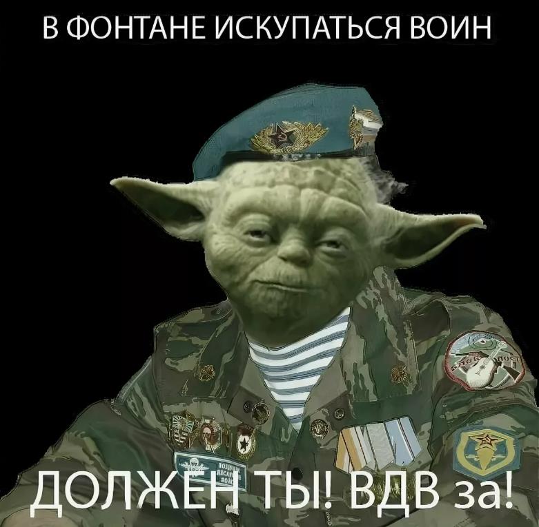 Мем с матером Йода "В фонтане искупаться воин должен ты! ВДВ за!".