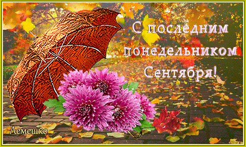 Цветочная анимация с зонтом для пожелания хорошего последнего понедельника Сентября в этом году.