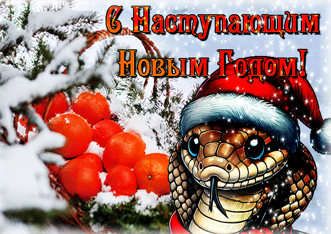 Красивая сияющая gif картинка с наступающим годом Змеи с мандаринами.