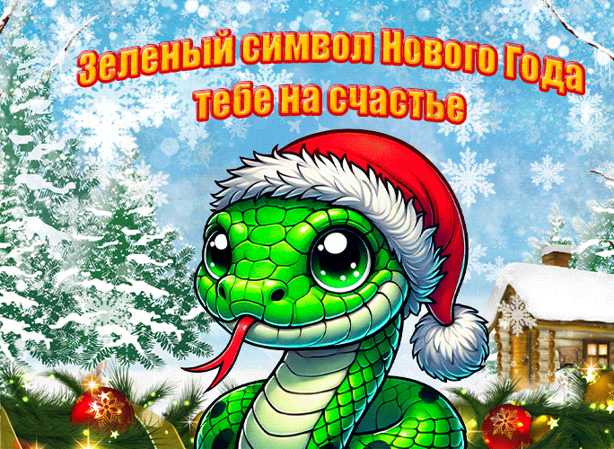 Зимняя gif картинка со снегопадом и символом 2025 года - Зелёной деревянной змеёй.