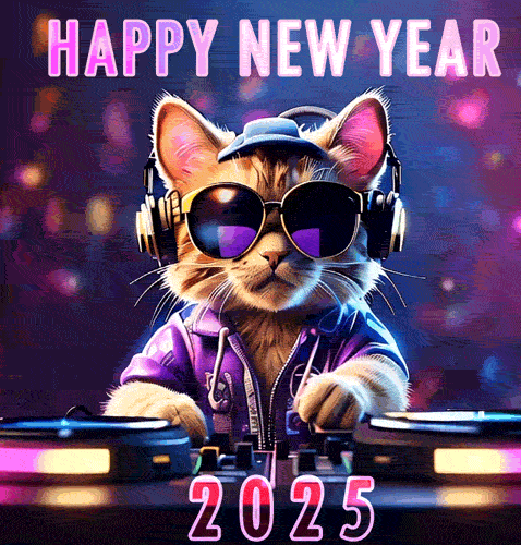 Смешная gif картинка с котом диджеем к новому 2025 году на английском языке.