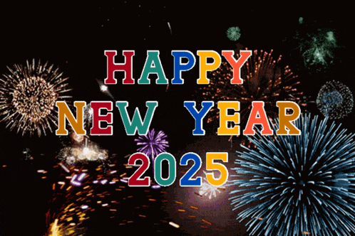 Анимация с праздничным салютом на чёрном фоне и надписью "Happy New Year 2025".